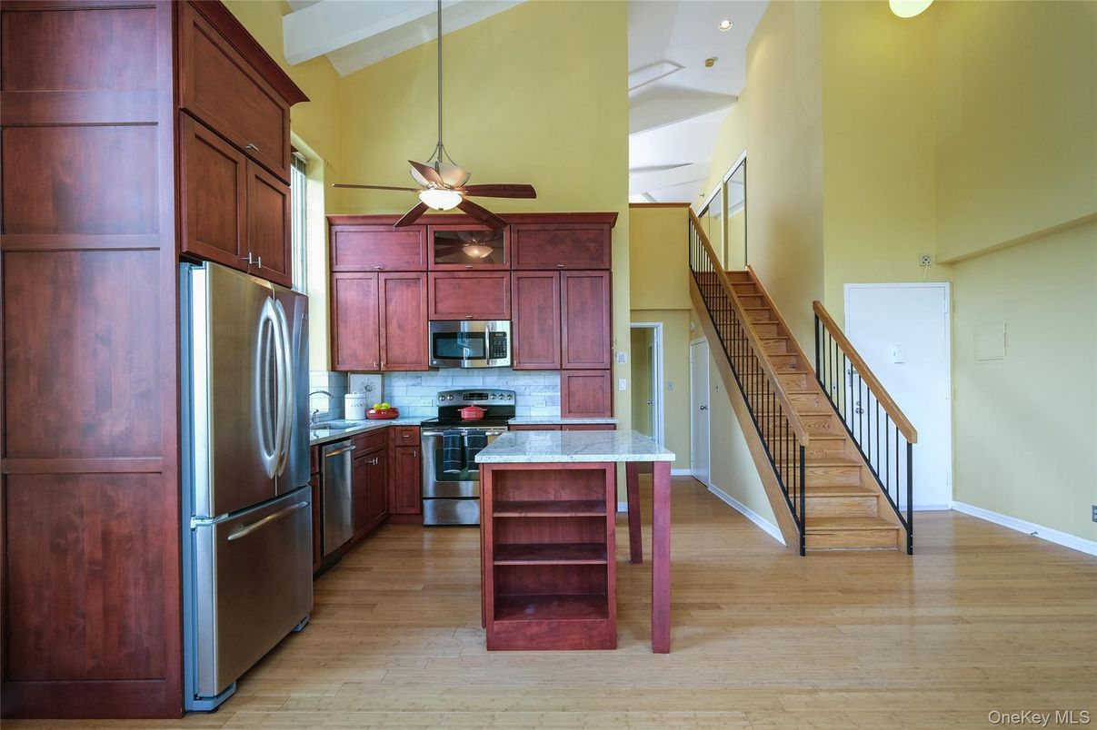 Interior, Kitchen, Recessed Lighting, Stainless Steel Appliances, Wood Texture Flooring