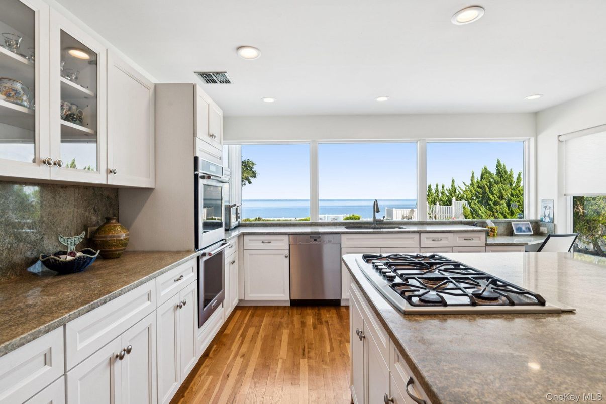 Interior, Kitchen, Recessed Lighting, Stainless Steel Appliances, Water, Wood Texture Flooring