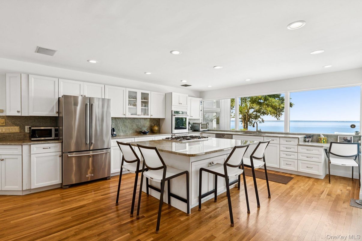 Interior, Kitchen, Recessed Lighting, Stainless Steel Appliances, Water, Wood Texture Flooring