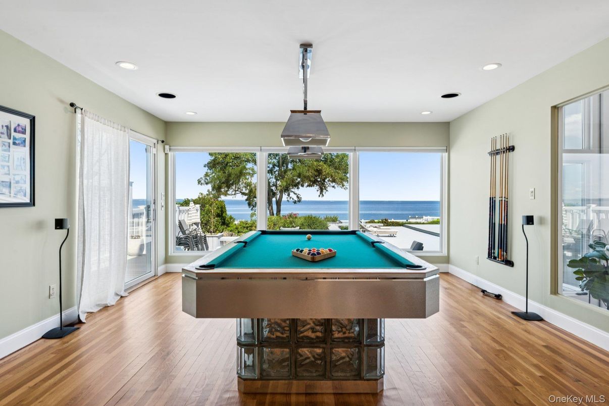 Billiard Table, Game Room, Interior, Recessed Lighting, Water, Wood Texture Flooring