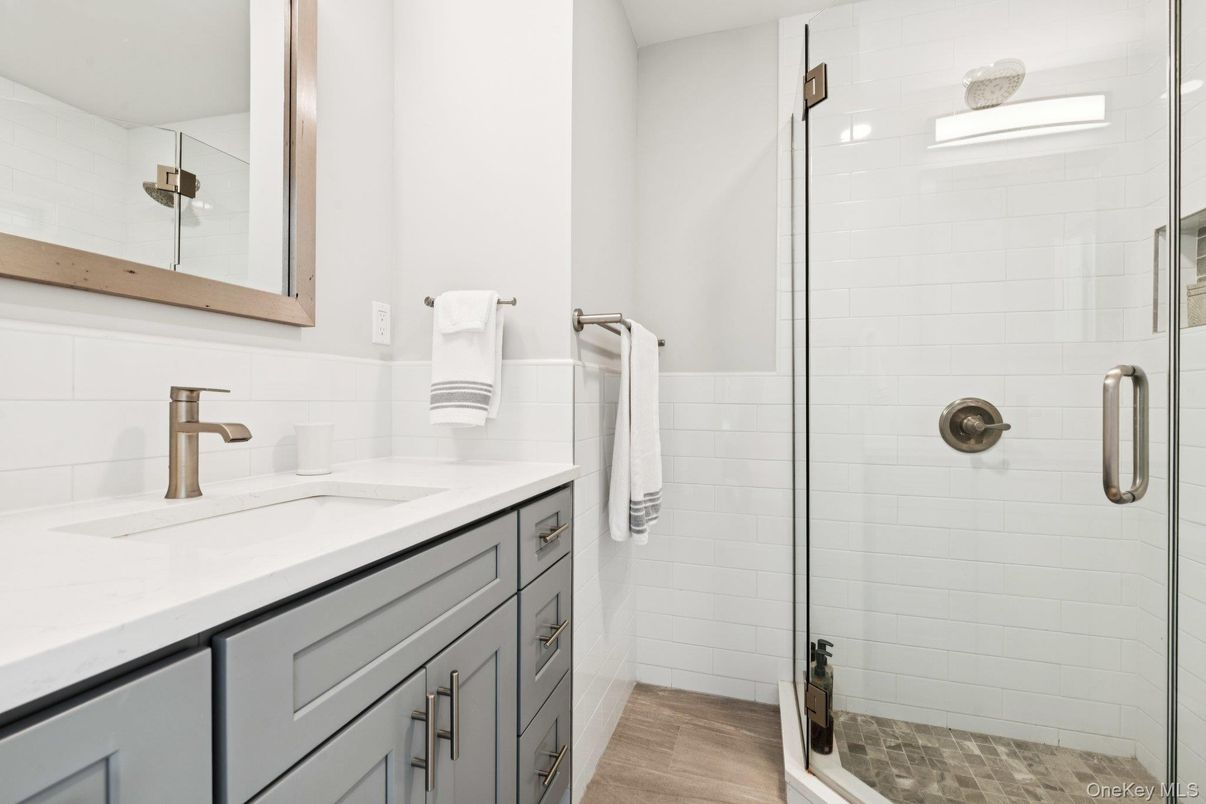 Bathroom, Glass Shower, Interior, Wood Texture Flooring