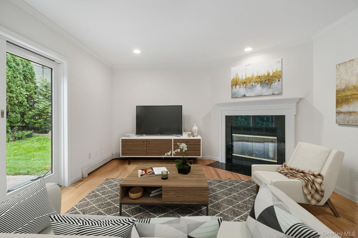 Fireplace, Interior, Living room, Recessed Lighting, Wood Texture Flooring
