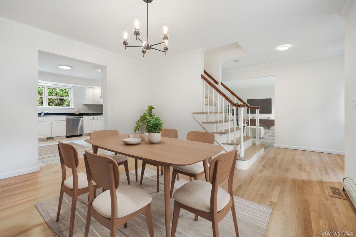Chandelier, Dining room, Interior, Kitchen, Recessed Lighting, Wood Texture Flooring