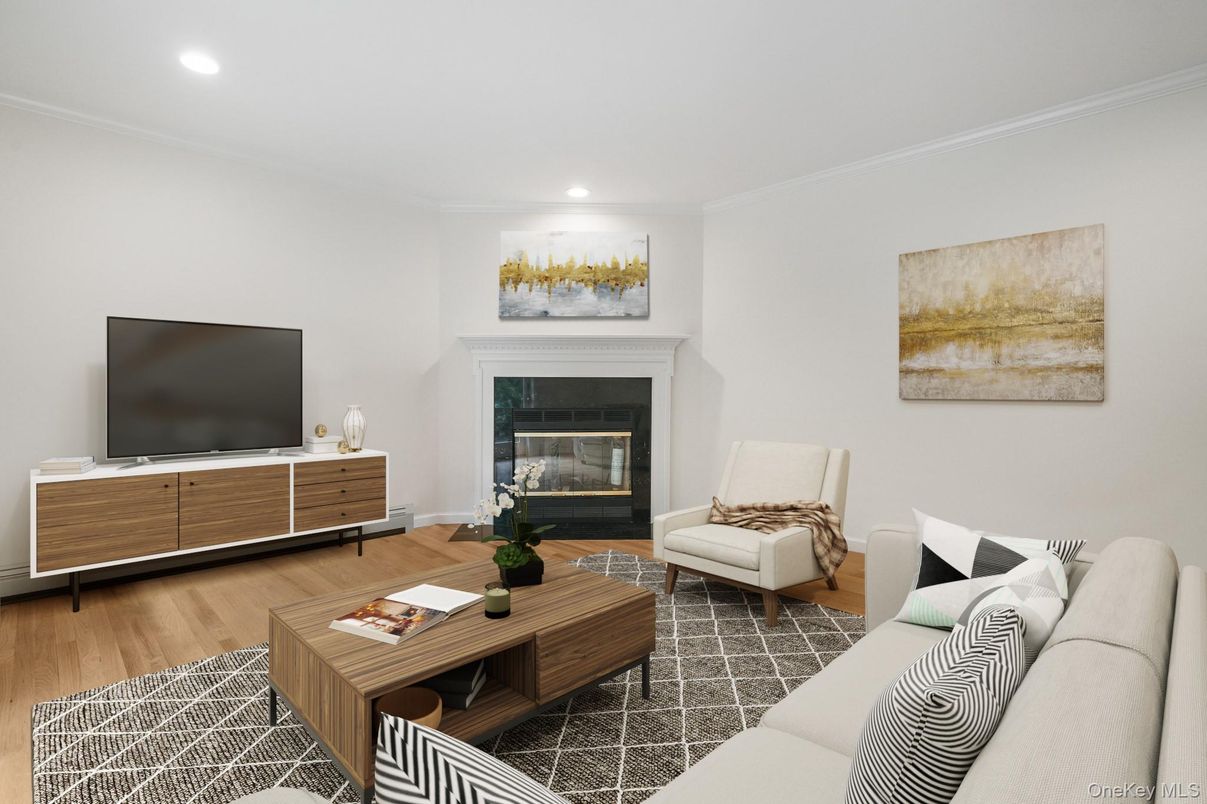 Fireplace, Interior, Living room, Recessed Lighting, Wood Texture Flooring