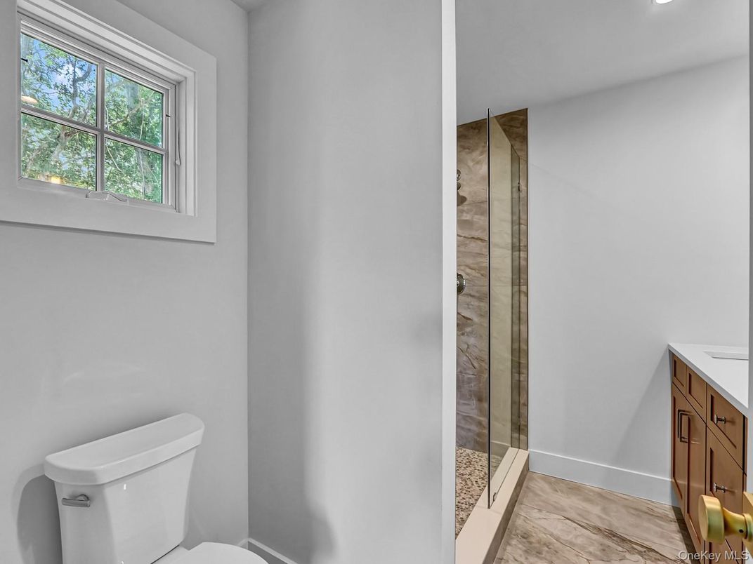 Bathroom, Glass Shower, Interior, Recessed Lighting, Wood Texture Flooring