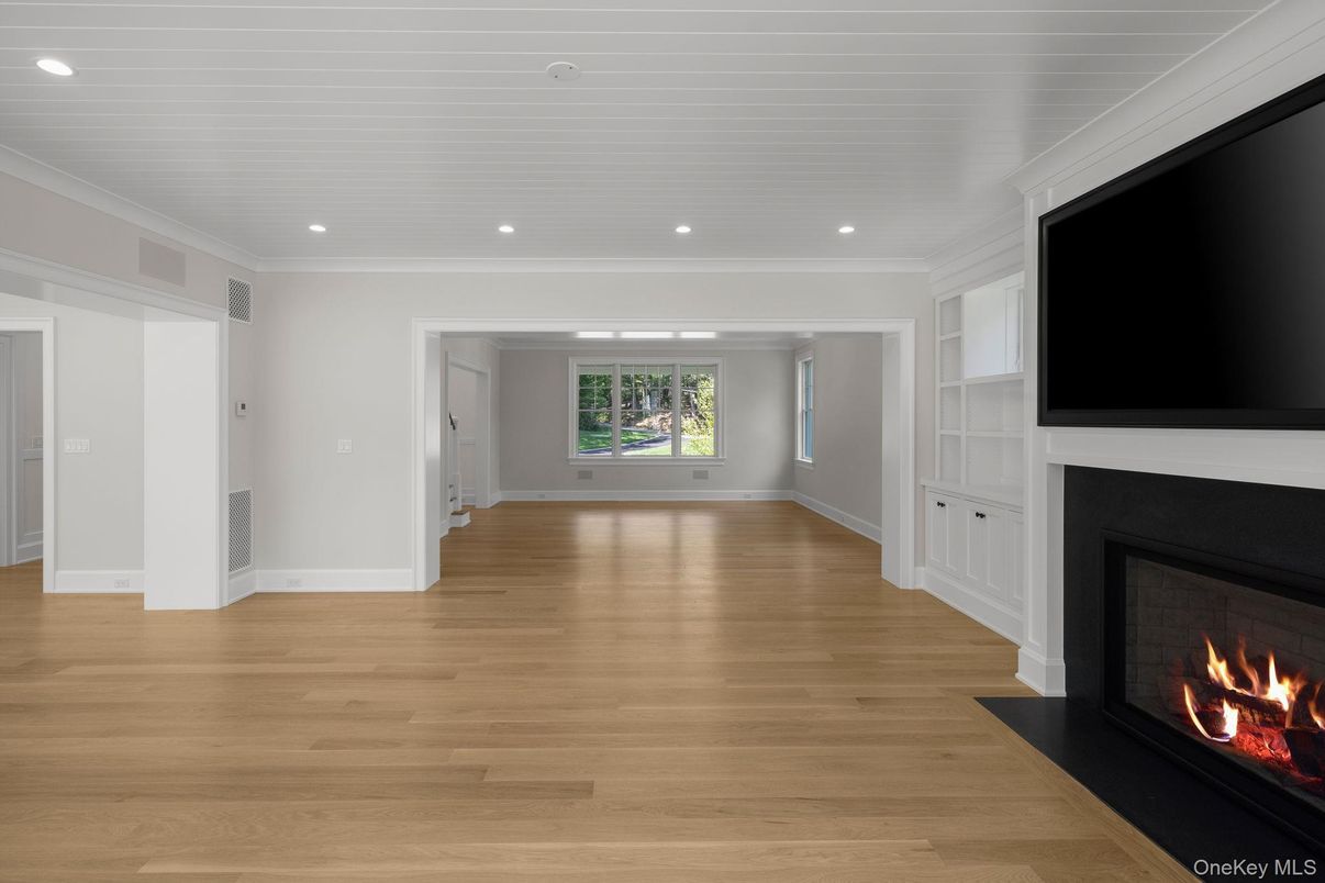 Empty room, Fireplace, Interior, Recessed Lighting, Wood Texture Flooring