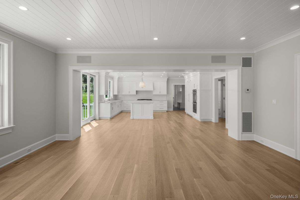 Empty room, Interior, Kitchen, Pendant Lights, Recessed Lighting, Wood Texture Flooring