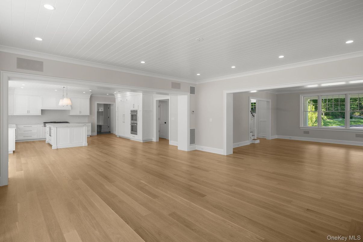 Empty room, Interior, Kitchen, Pendant Lights, Recessed Lighting, Wood Texture Flooring