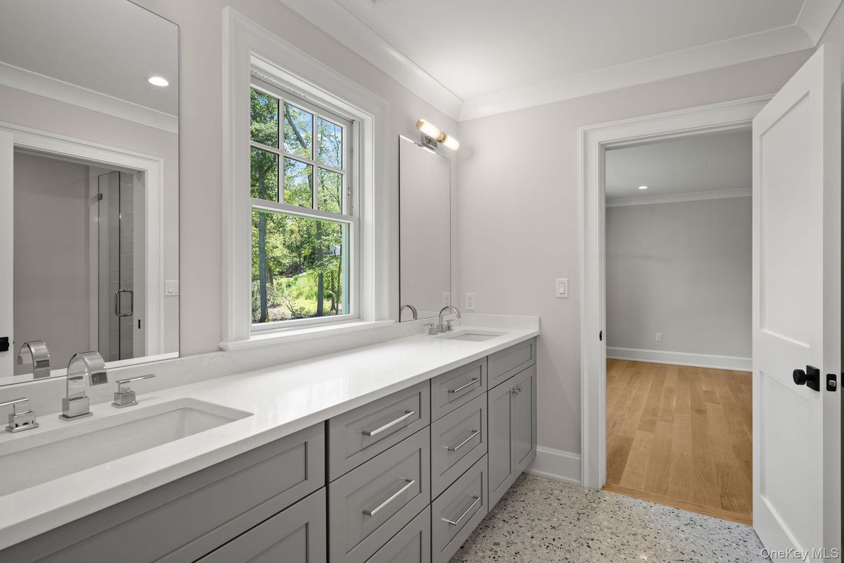 Bathroom, Dual Sink Vanities, Interior, Recessed Lighting, Wood Texture Flooring