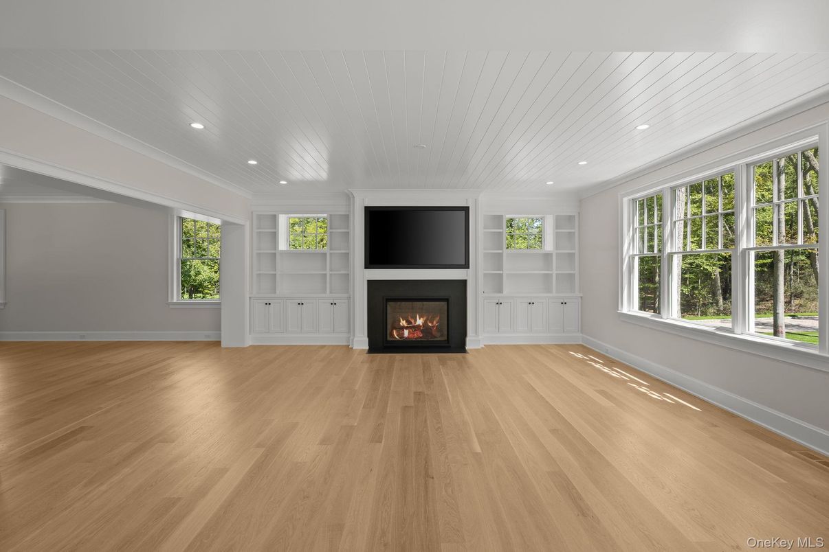 Empty room, Fireplace, Interior, Recessed Lighting, Wood Texture Flooring