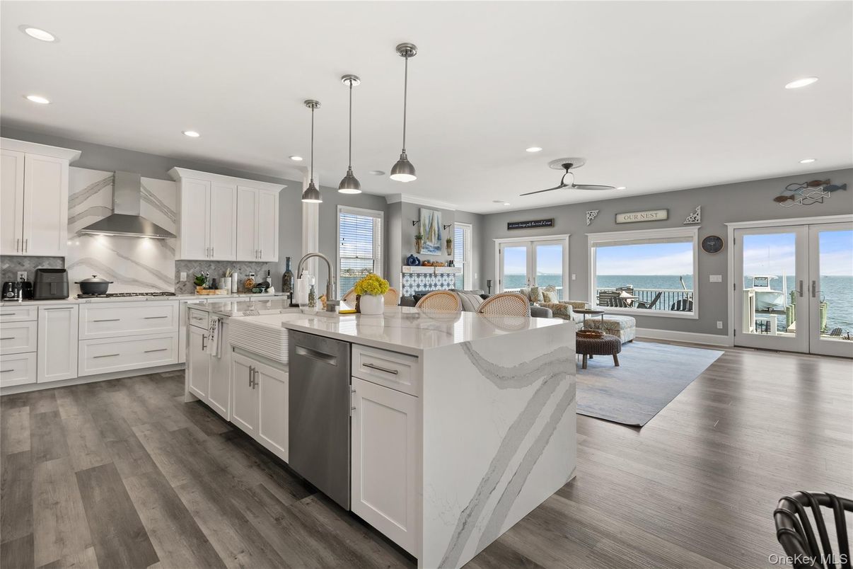 Interior, Kitchen, Pendant Lights, Recessed Lighting, Stainless Steel Appliances, Water, Wood Texture Flooring