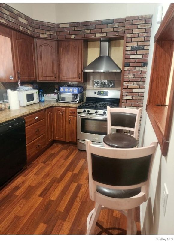 Interior, Kitchen, Stainless Steel Appliances, Stone Walls, Wood Texture Flooring