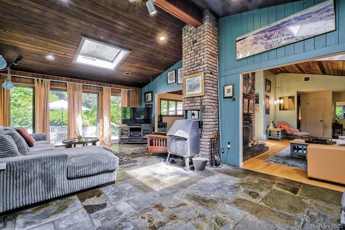 Fireplace, Interior, Recessed Lighting, Stone Walls, Wooden Beams, Wooden Ceilings, Wood Texture Flooring