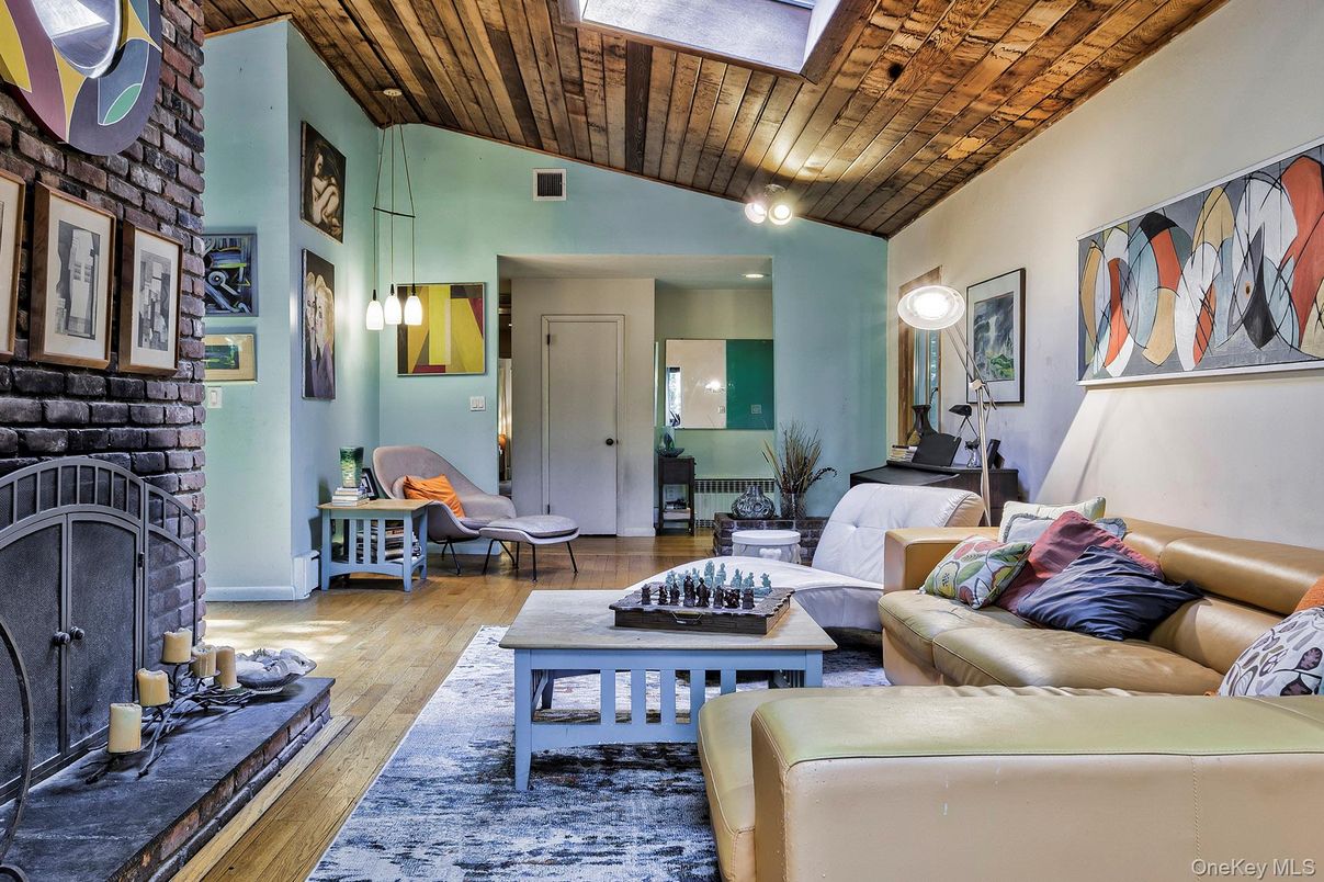 Fireplace, Interior, Living room, Pendant Lights, Wooden Ceilings, Wood Texture Flooring
