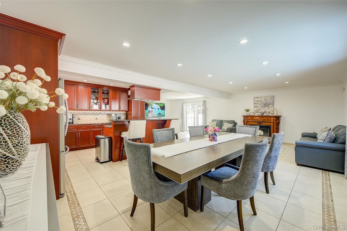 Dining room, Fireplace, Interior, Kitchen, Living room, Recessed Lighting