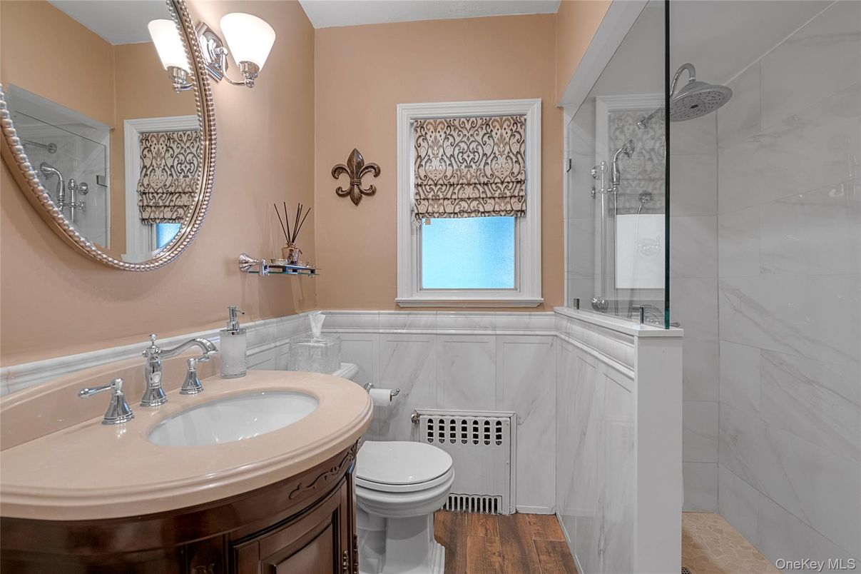 Bathroom, Interior, Marble Walls, Wood Texture Flooring