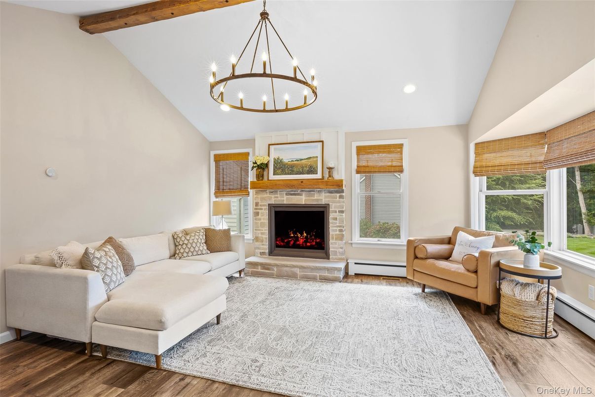 Fireplace, Interior, Living room, Pendant Lights, Recessed Lighting, Wooden Beams, Wood Texture Flooring