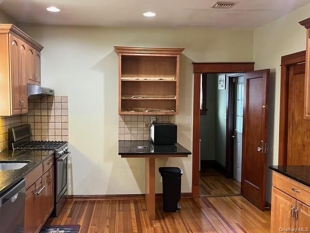 Interior, Kitchen, Recessed Lighting, Tile Countertops, Wood Texture Flooring