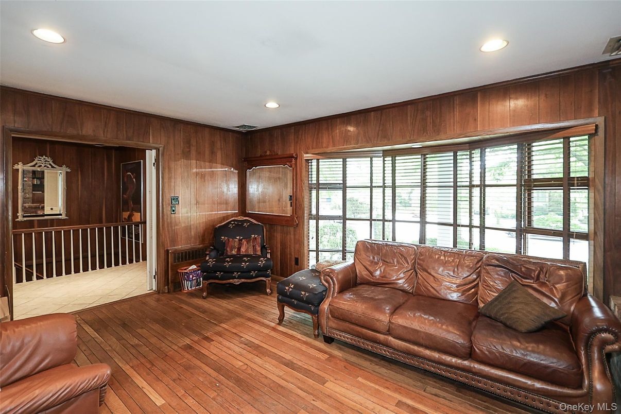 Fireplace, Interior, Recessed Lighting, Wood Texture Flooring, Wooden Walls