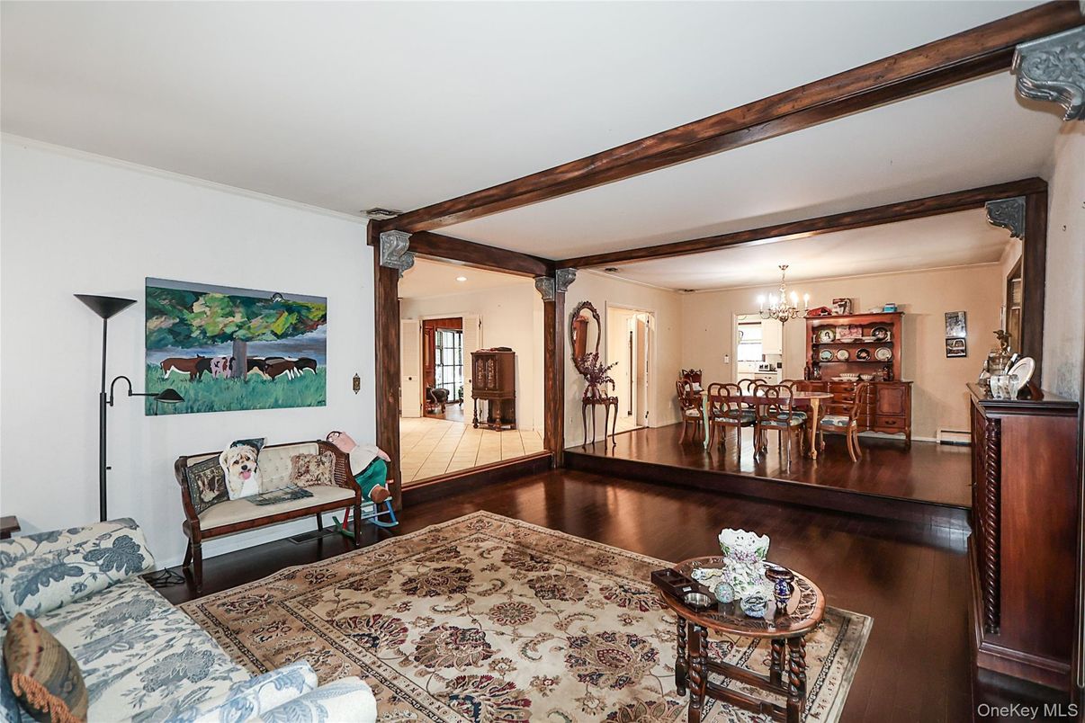 Chandelier, Dining room, Interior, Living room, Wooden Beams, Wood Texture Flooring