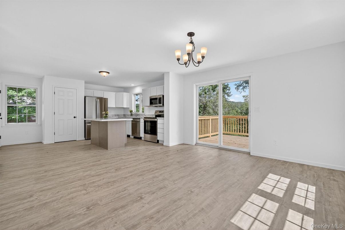 Chandelier, Empty room, Interior, Kitchen, Stainless Steel Appliances, Wood Texture Flooring