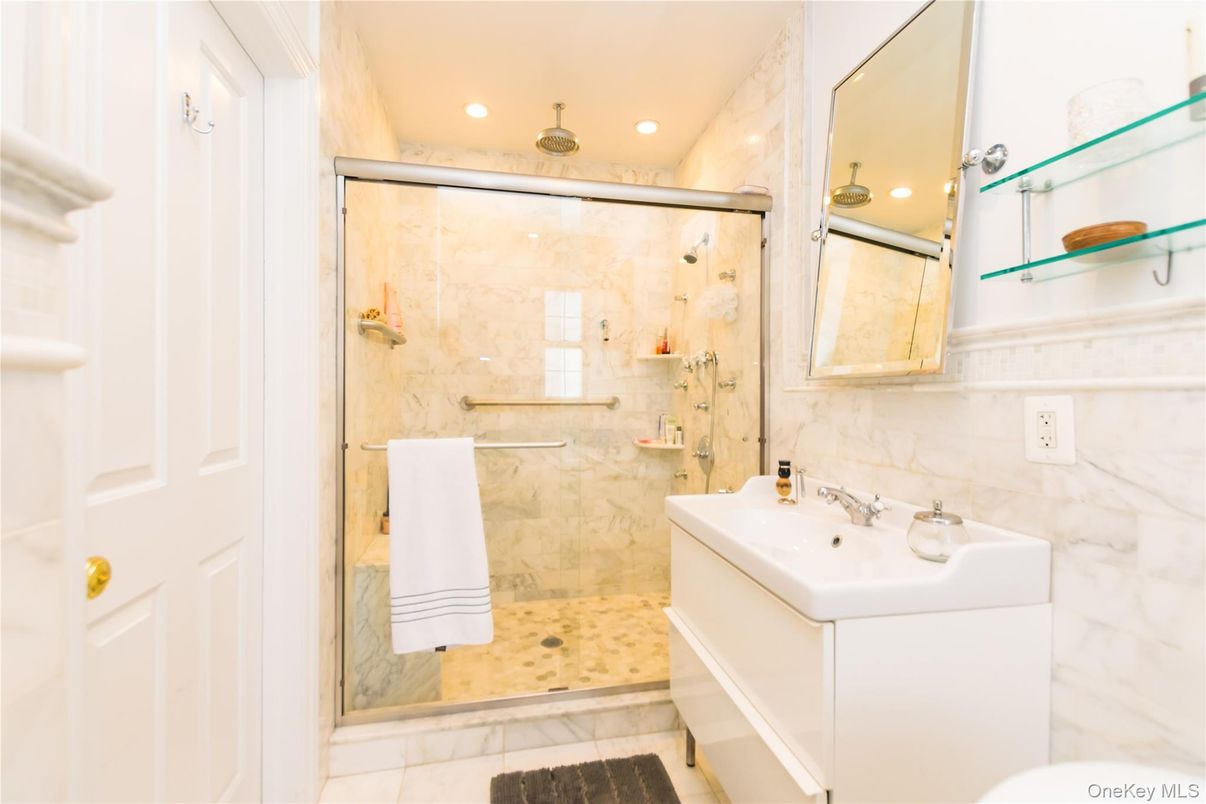Bathroom, Glass Shower, Interior, Marble Walls, Recessed Lighting