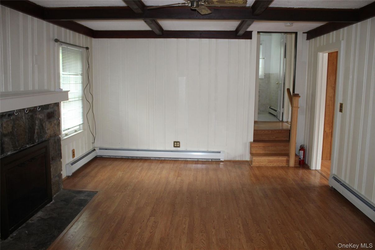 Empty room, Fireplace, Interior, Wooden Beams, Wood Texture Flooring