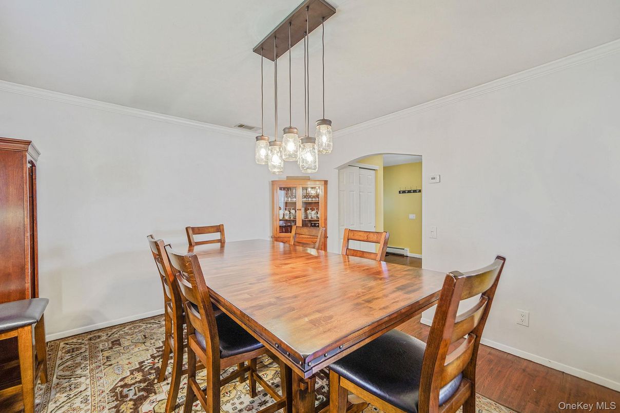 Dining room, Interior, Pendant Lights, Wood Texture Flooring