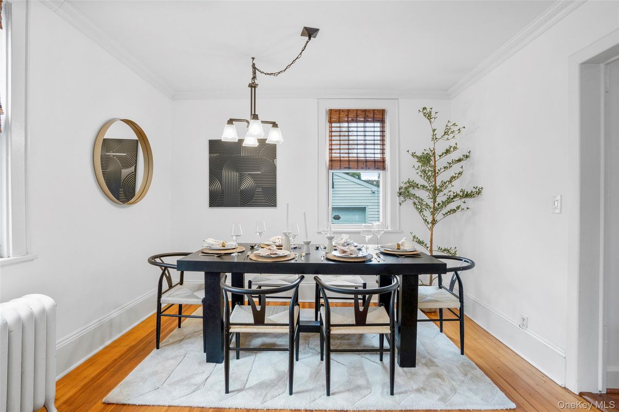 Dining room, Interior, Pendant Lights, Wood Texture Flooring