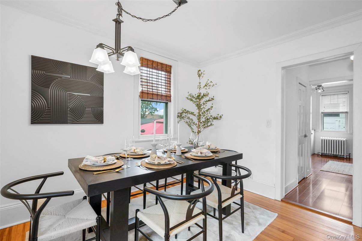 Dining room, Interior, Pendant Lights, Wood Texture Flooring