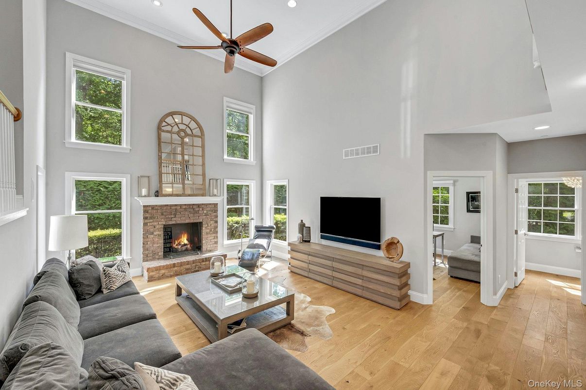 Fireplace, Interior, Living room, Recessed Lighting, Wood Texture Flooring