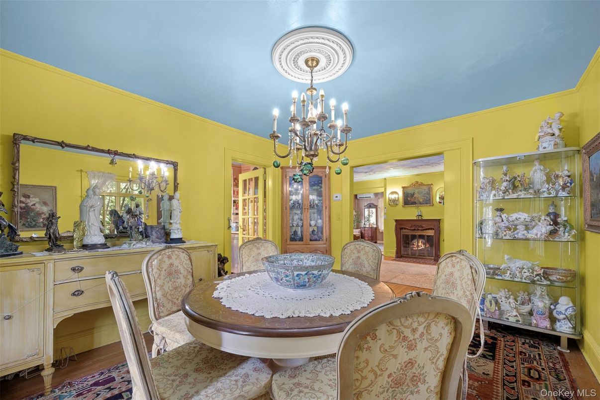 Chandelier, Dining room, Fireplace, Interior