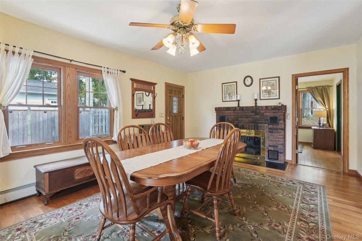 Dining room, Fireplace, Interior, Wood Texture Flooring
