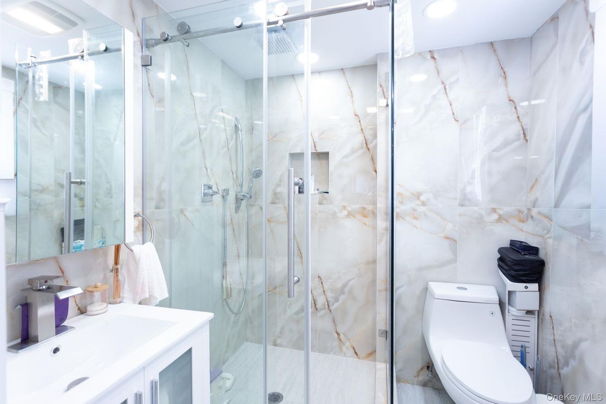 Bathroom, Glass Shower, Interior, Marble Walls, Recessed Lighting