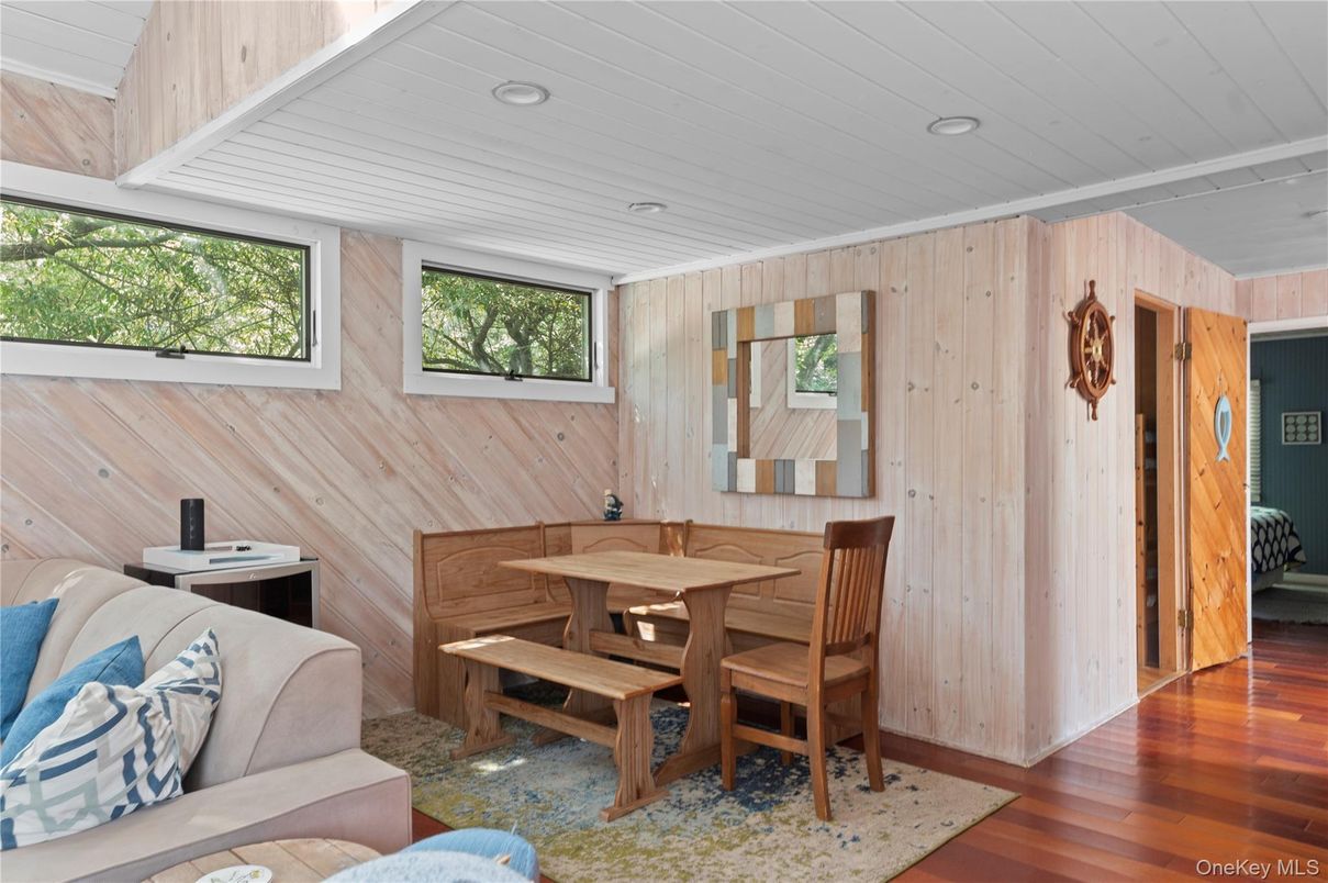 Dining room, Interior, Recessed Lighting, Wood Texture Flooring, Wooden Walls