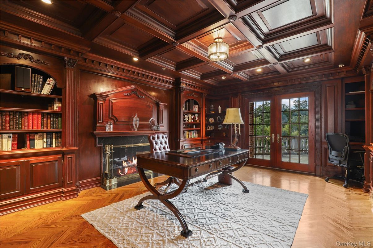 Fireplace, Home Office, Interior, Recessed Lighting, Wooden Beams, Wooden Ceilings, Wood Texture Flooring, Wooden Walls