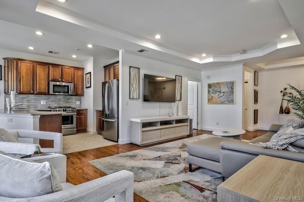 Interior, Kitchen, Living room, Recessed Lighting, Stainless Steel Appliances, Wood Texture Flooring