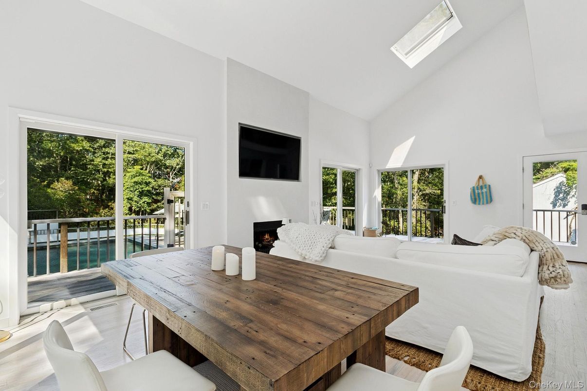 Dining room, Fireplace, Interior, Living room, Wood Texture Flooring