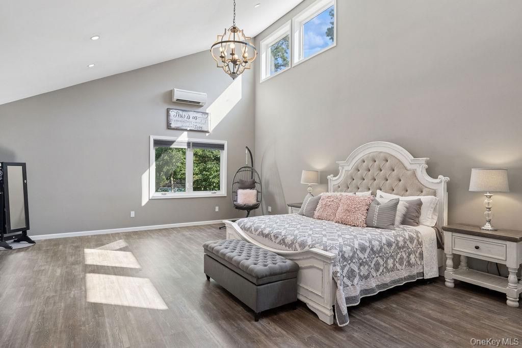 Bedroom, Chandelier, Interior, Recessed Lighting, Wood Texture Flooring