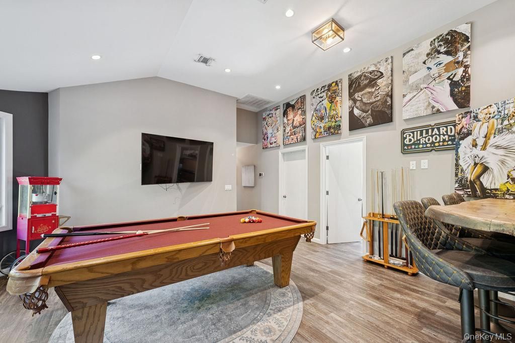 Billiard Table, Game Room, Interior, Recessed Lighting, Wood Texture Flooring