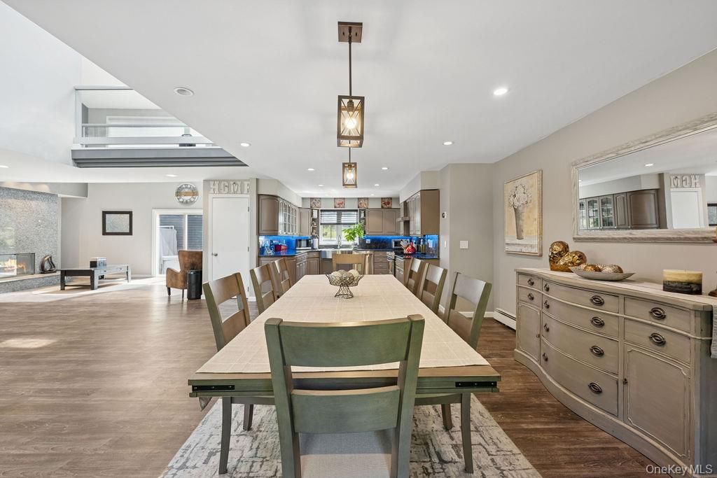 Dining room, Fireplace, Interior, Kitchen, Pendant Lights, Recessed Lighting, Wood Texture Flooring