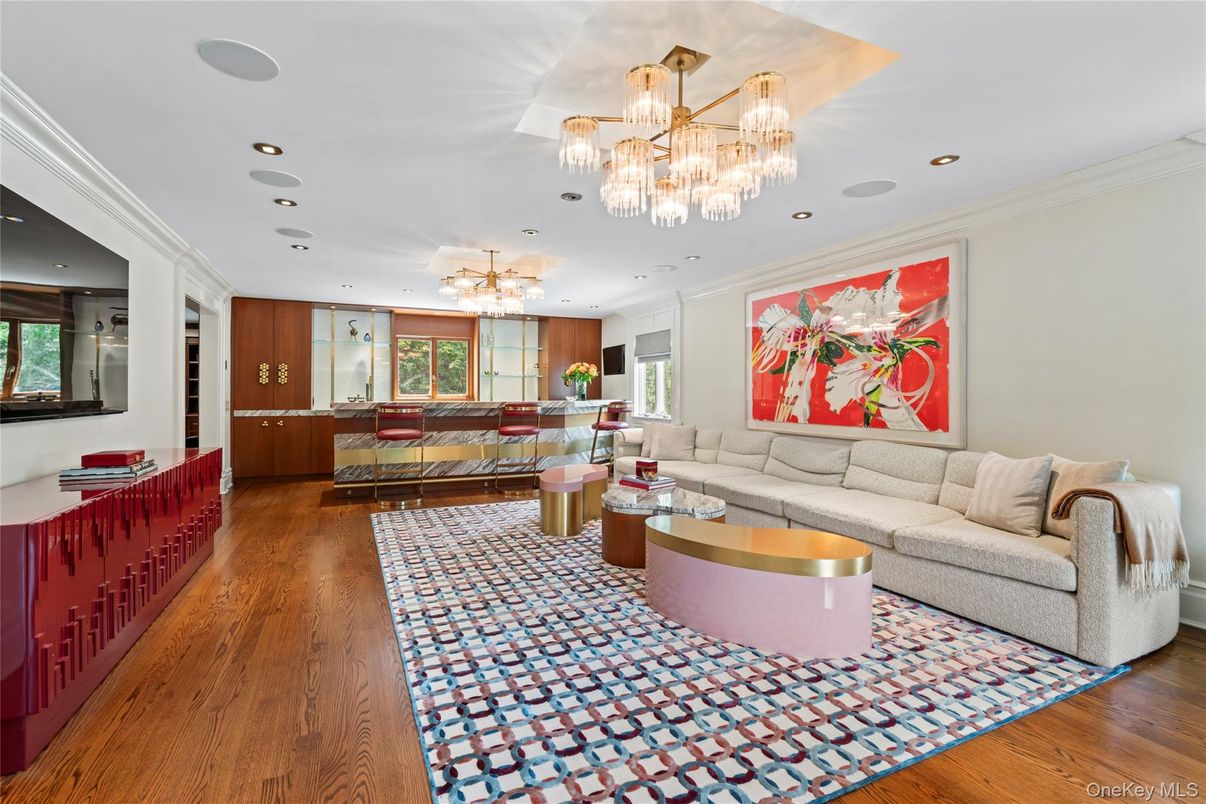 Chandelier, Interior, Living room, Recessed Lighting, Wood Texture Flooring