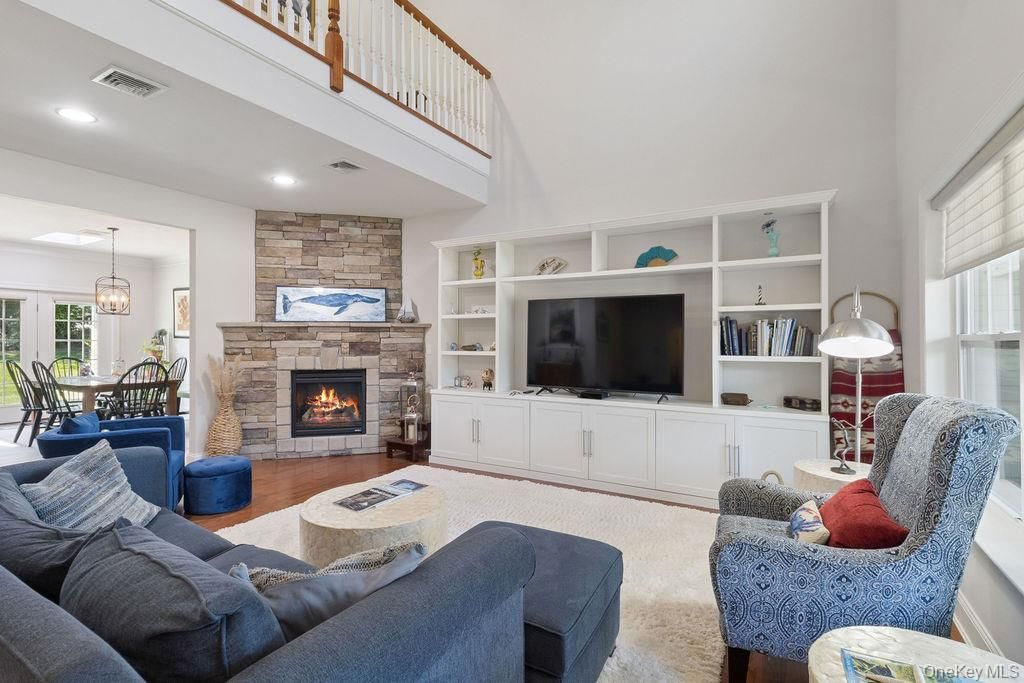 Dining room, Fireplace, Interior, Living room, Pendant Lights, Recessed Lighting, Stone Walls