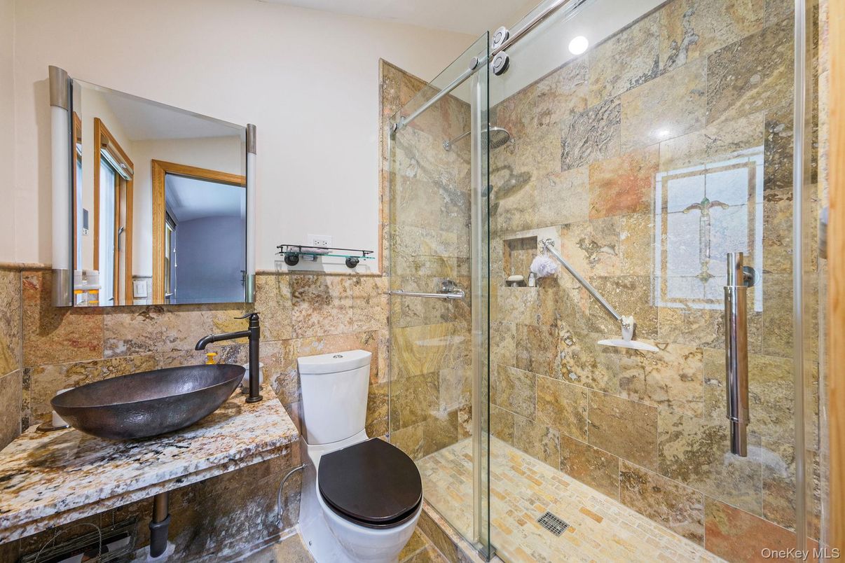 Bathroom, Glass Shower, Interior, Recessed Lighting, Stone Walls