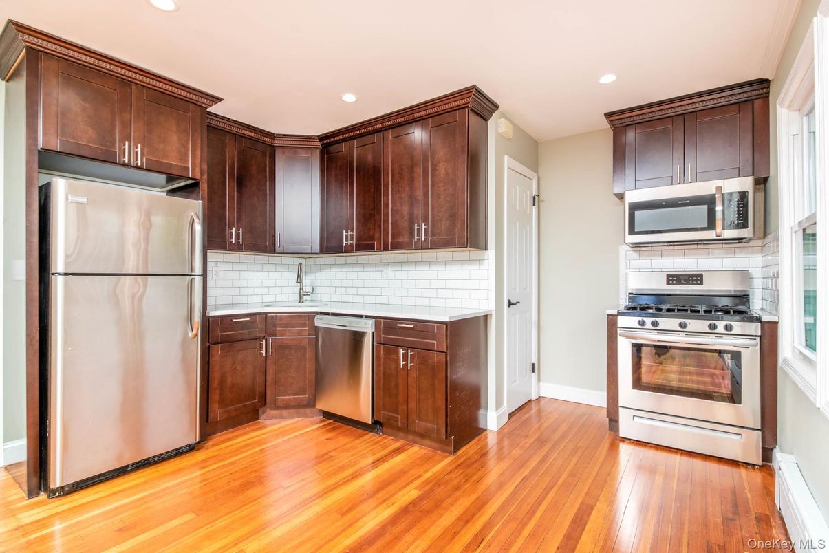 Interior, Kitchen, Recessed Lighting, Stainless Steel Appliances, Wood Texture Flooring
