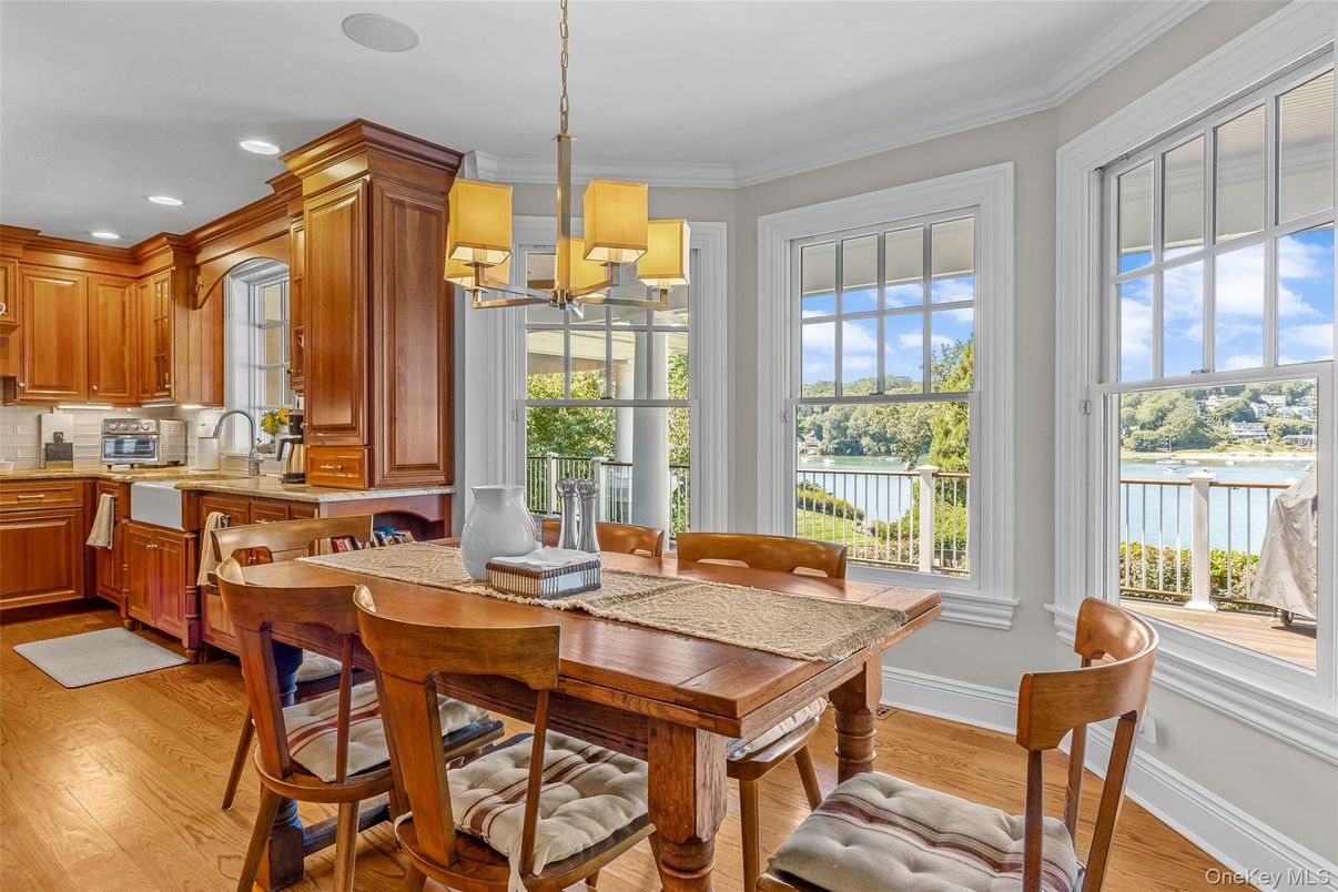 Dining room, Interior, Kitchen, Pendant Lights, Recessed Lighting, Water, Wood Texture Flooring
