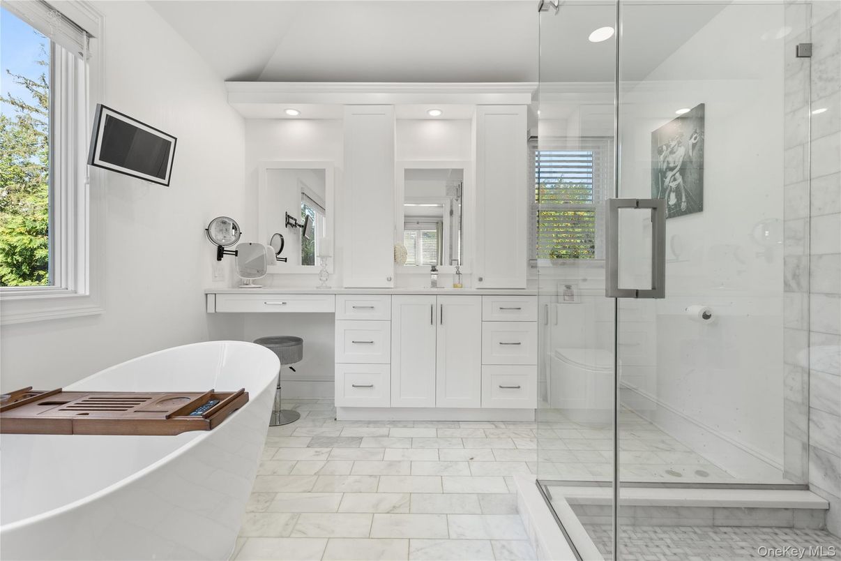 Bathroom, Free Standing Baths, Glass Shower, Interior, Marble, Marble Walls, Recessed Lighting