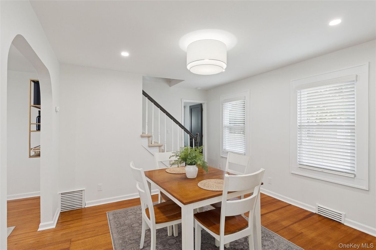 Dining room, Interior, Recessed Lighting, Wood Texture Flooring