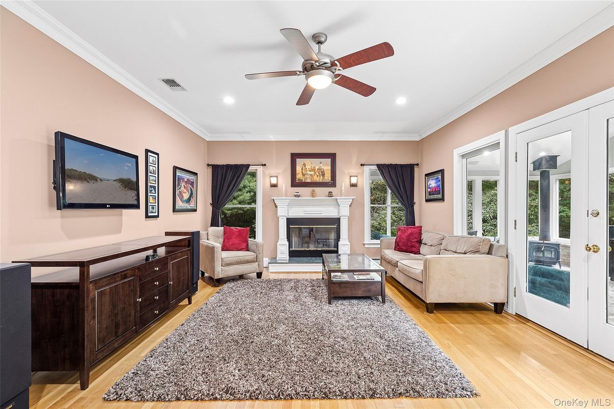 Fireplace, Interior, Living room, Recessed Lighting, Wood Texture Flooring