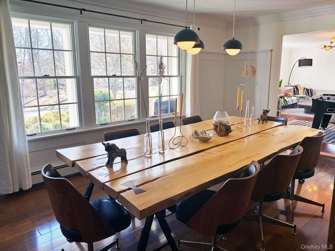 Dining room, Interior, Pendant Lights, Wood Texture Flooring